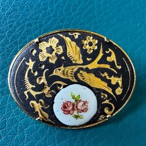 Vintage Damascene Bird Flower Brooch with Rose Guilloche Enamel